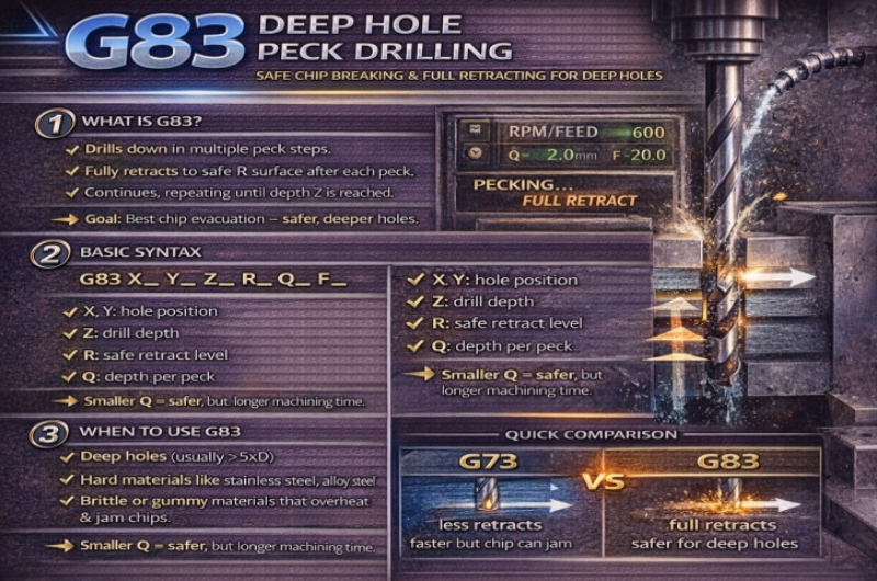 Khi khoan lỗ sâu G83, dao sẽ tiến xuống một đoạn theo giá trị Q, sau đó rút hoàn toàn lên mặt R để thoát phoi