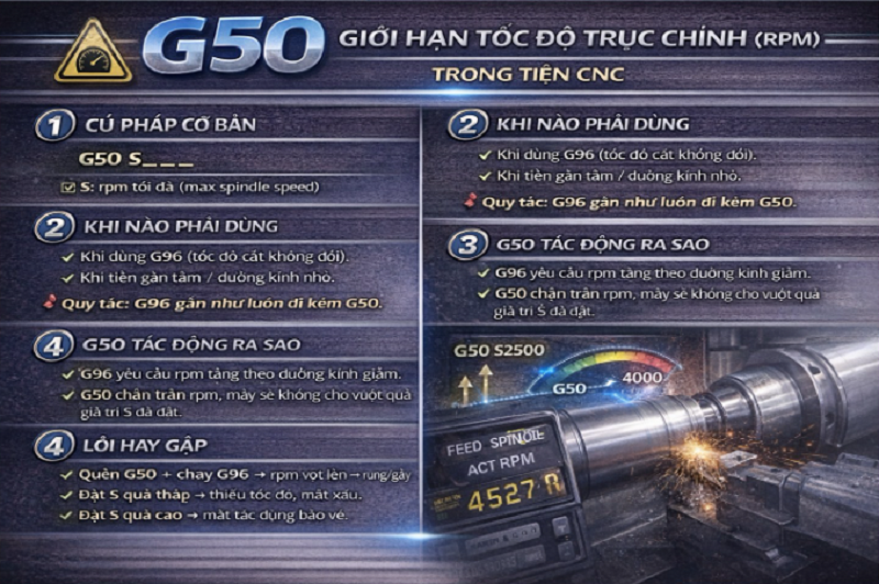 Lệnh G50 trong tiện CNC được sử dụng để giới hạn tốc độ quay tối đa của trục chính (RPM)